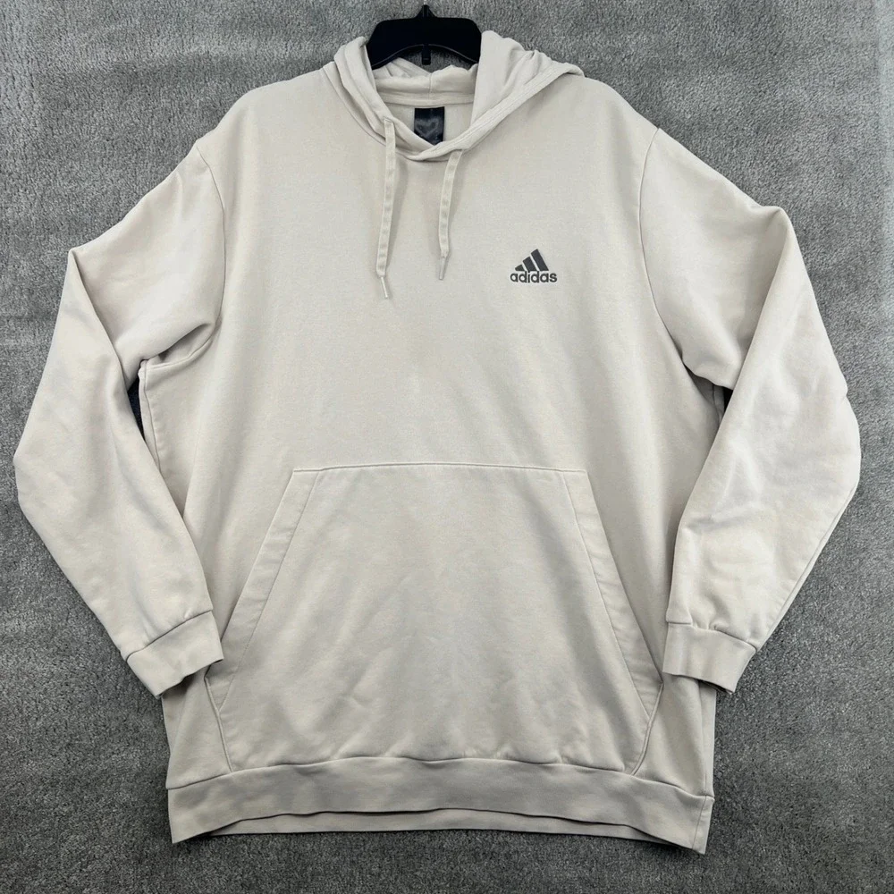 Adidas Logo Mens Essentials Fleece Hoodie 2XL Cream Pullover Sweatshirt